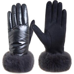 Women's Winter Warm Faux Dark Gray Leather Fleece Fur Cuffs Touchscreen Gloves